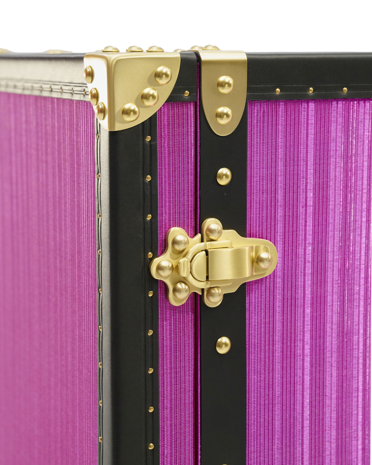 Polished hardware and lock on the Fuchsia eyewear trunk