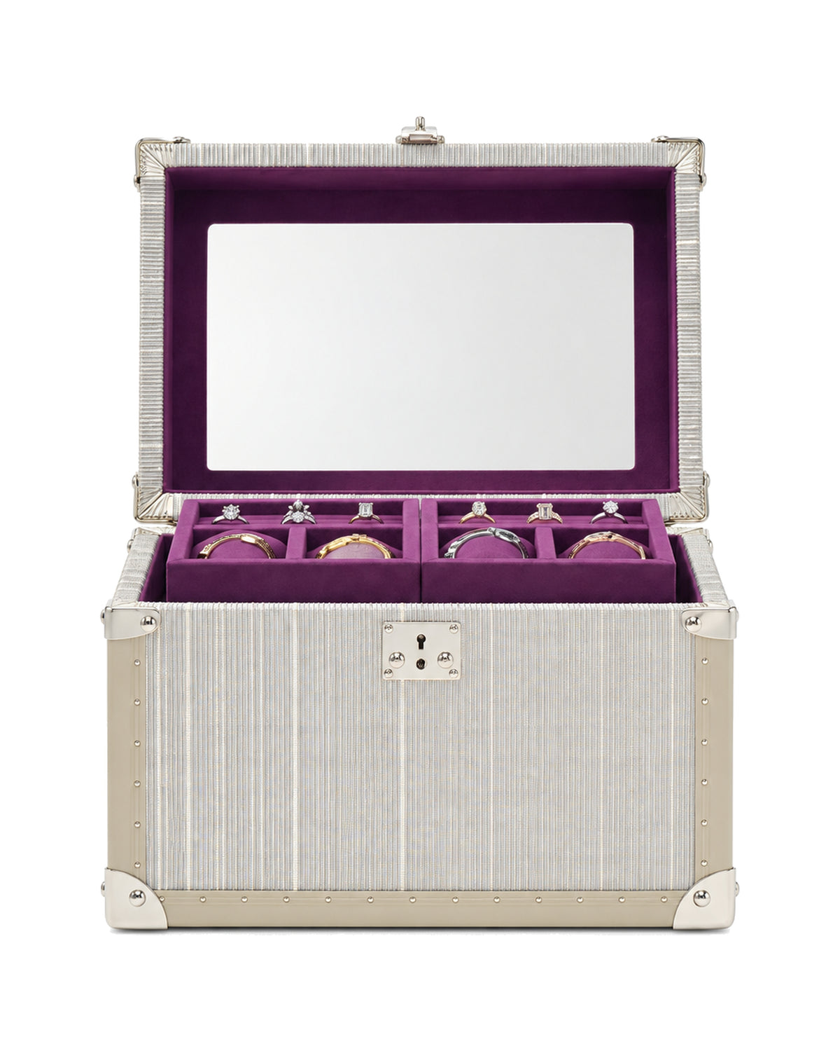 Jewellery case open showing mirrored lid and fuchsia velvet trays, SIRAE Dubai