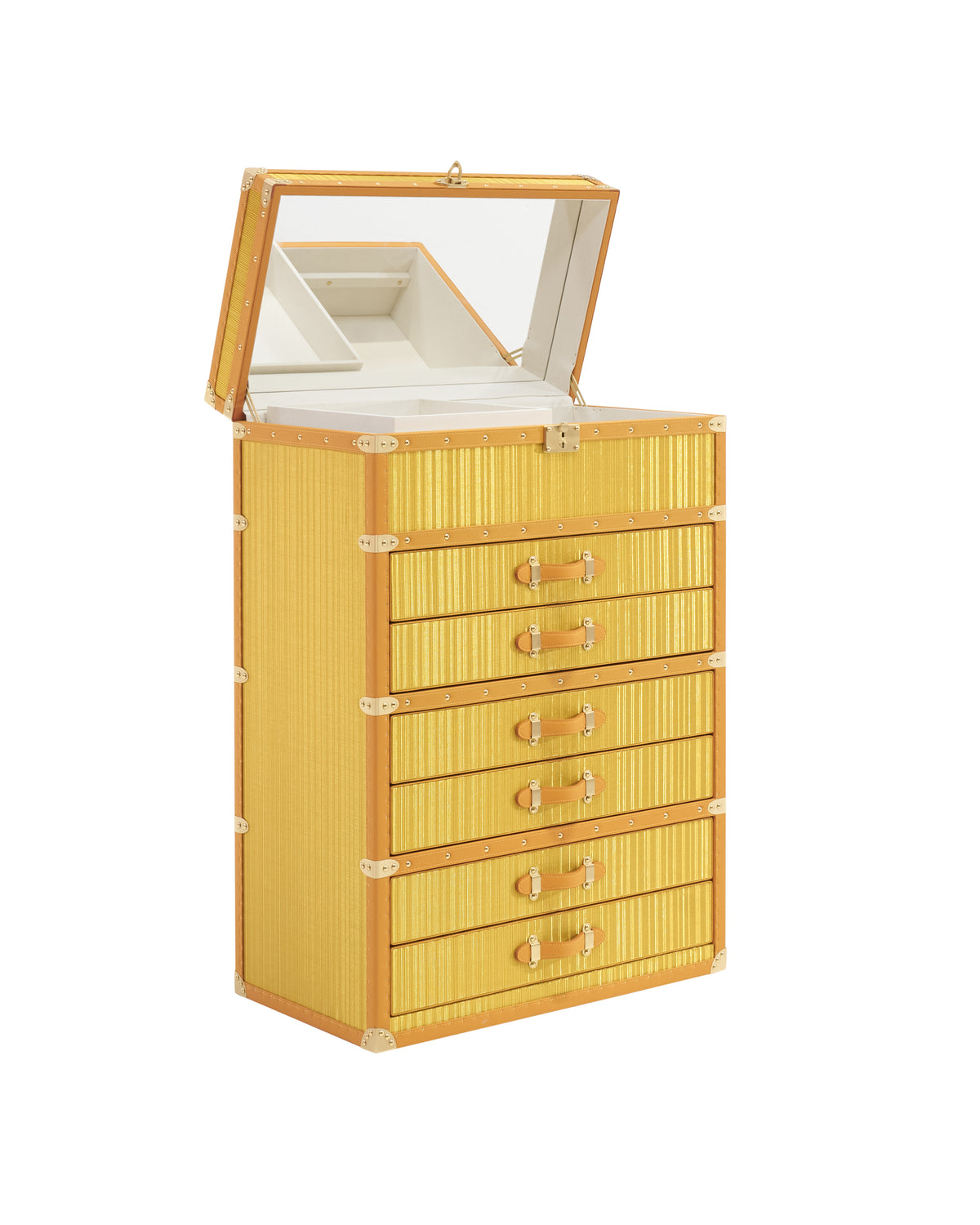Open Soleil jewelry cabinet with flip-top mirror and fitted trays