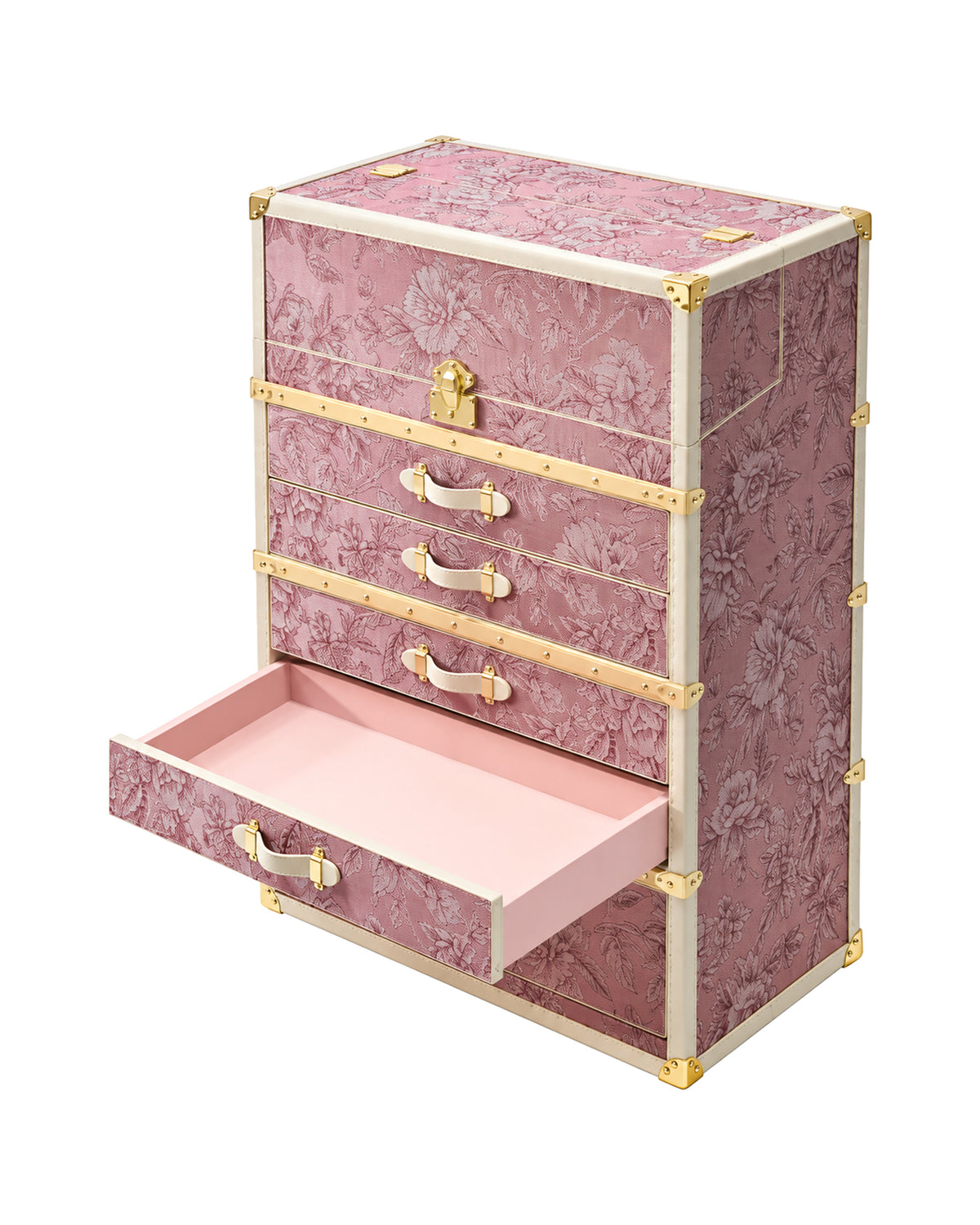 Lined drawer pulled open on the blossom pink jewellery cabinet, SIRAE Dubai