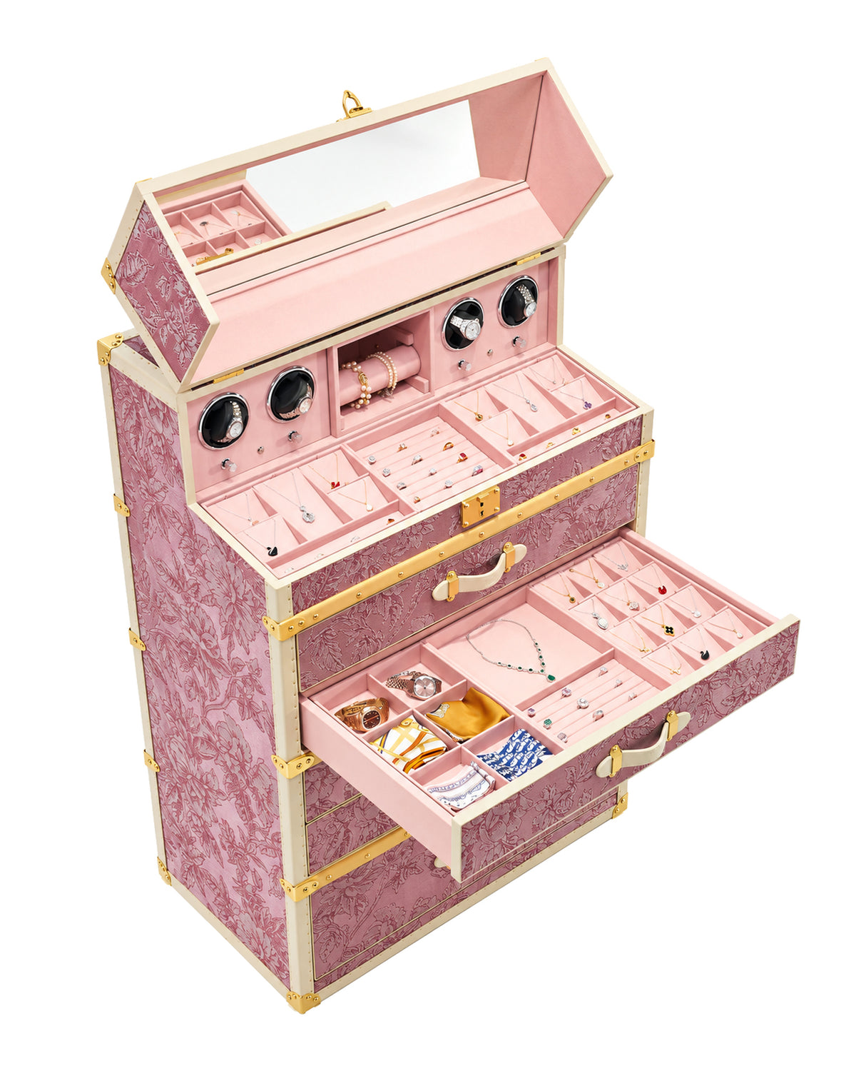 Jewellery cabinet open showing mirror, four watch winders and fitted drawers, SIRAE Dubai