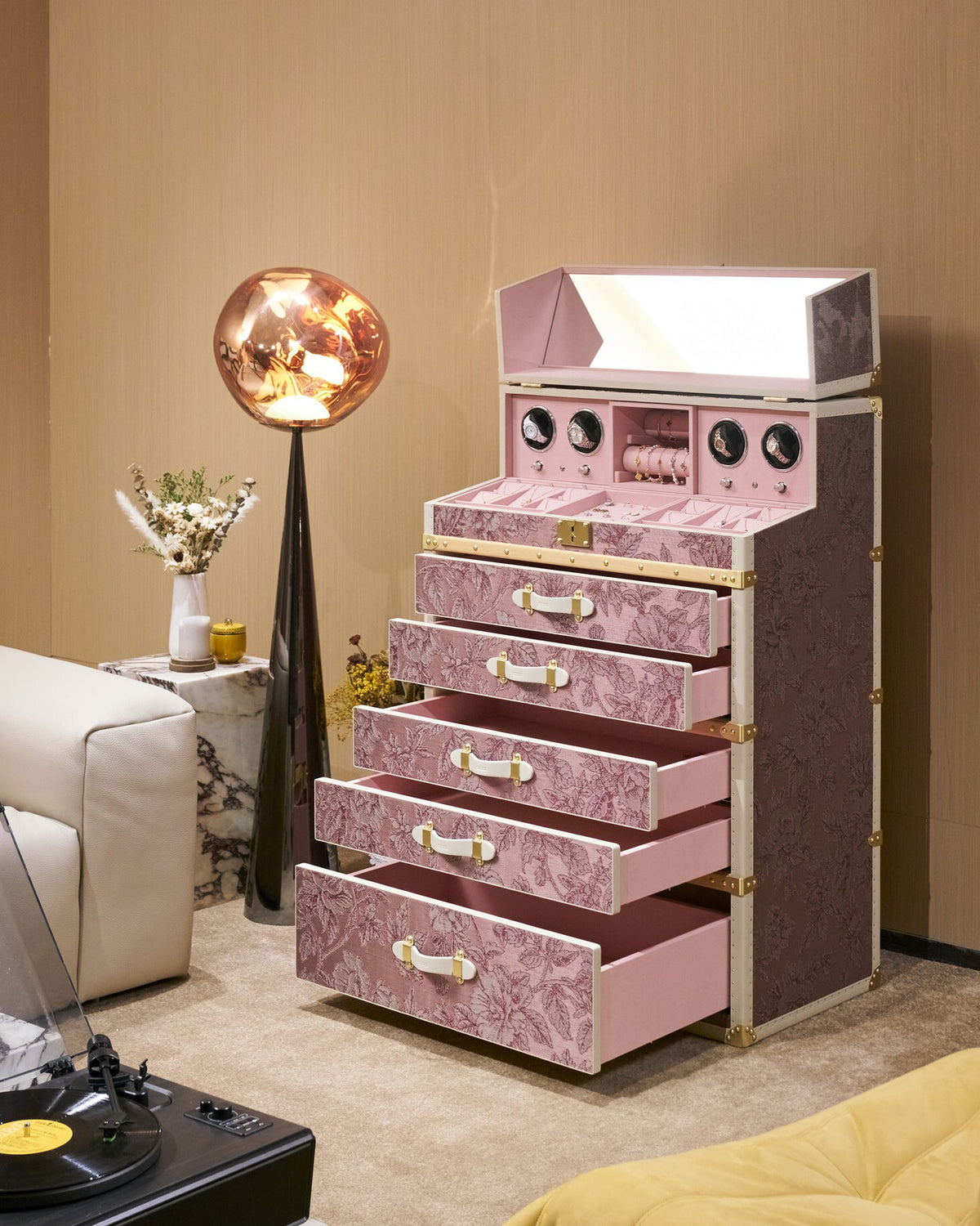 Open blossom-pink SIRAE jewellery cabinet showing the arrangement of drawers and storage compartments