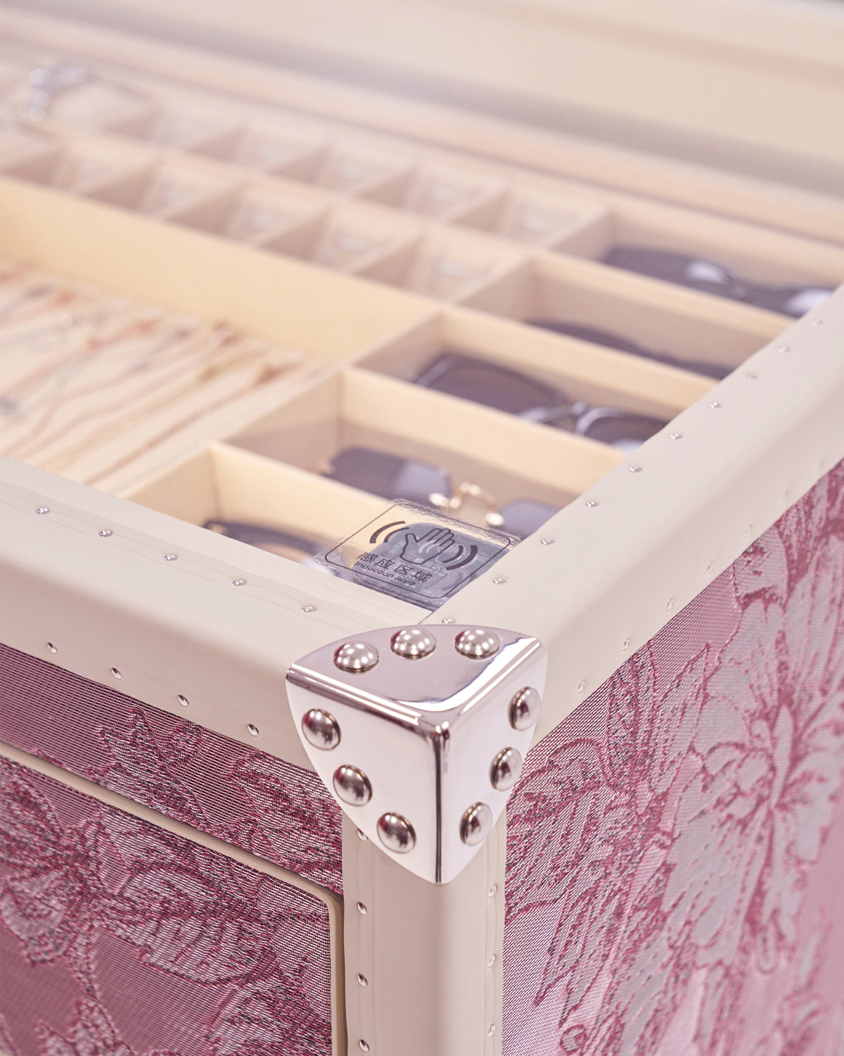 Polished hardware and pull detail on the Rose Bloom dresser