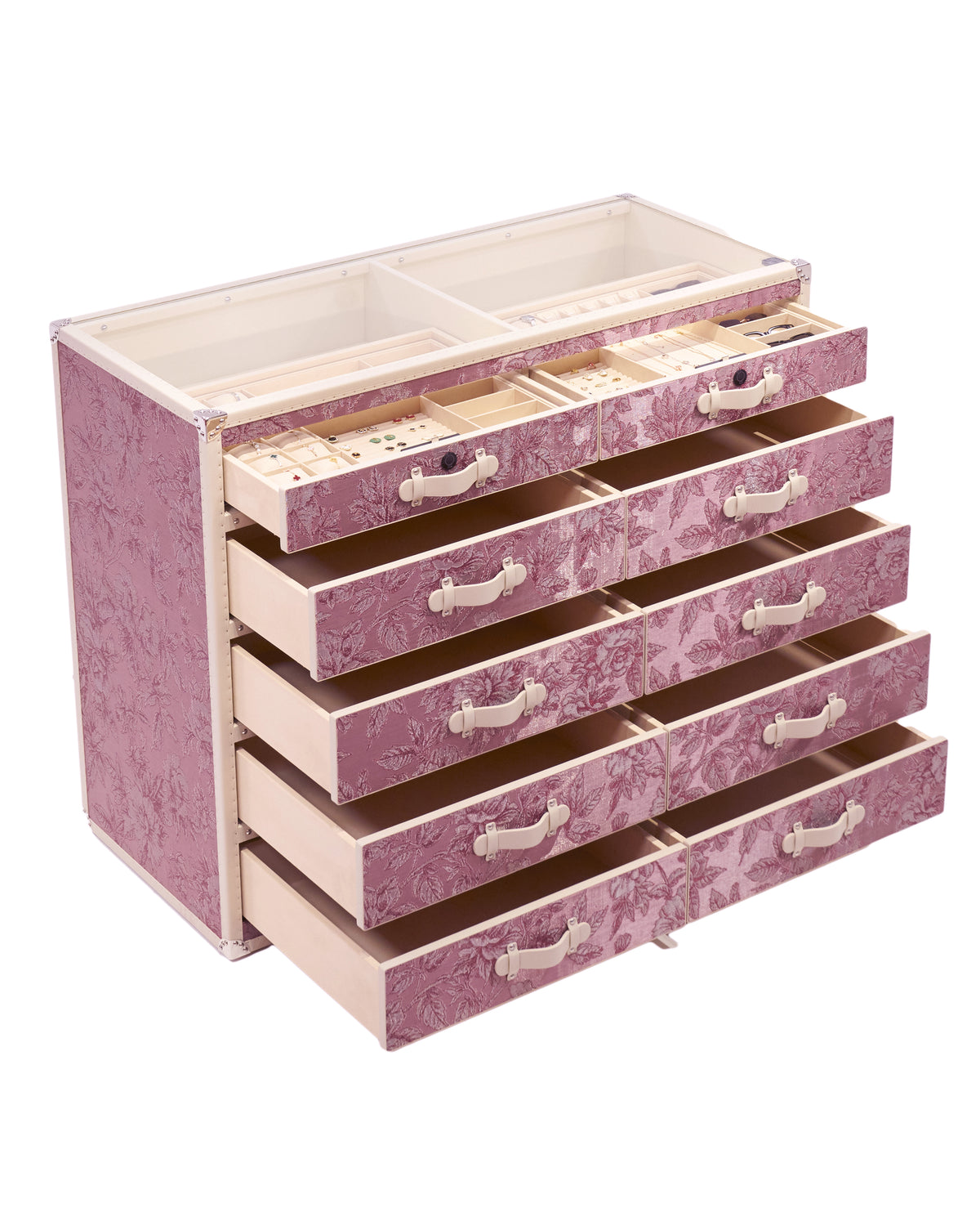 Open Imperial jewelry dresser with illuminated glass display