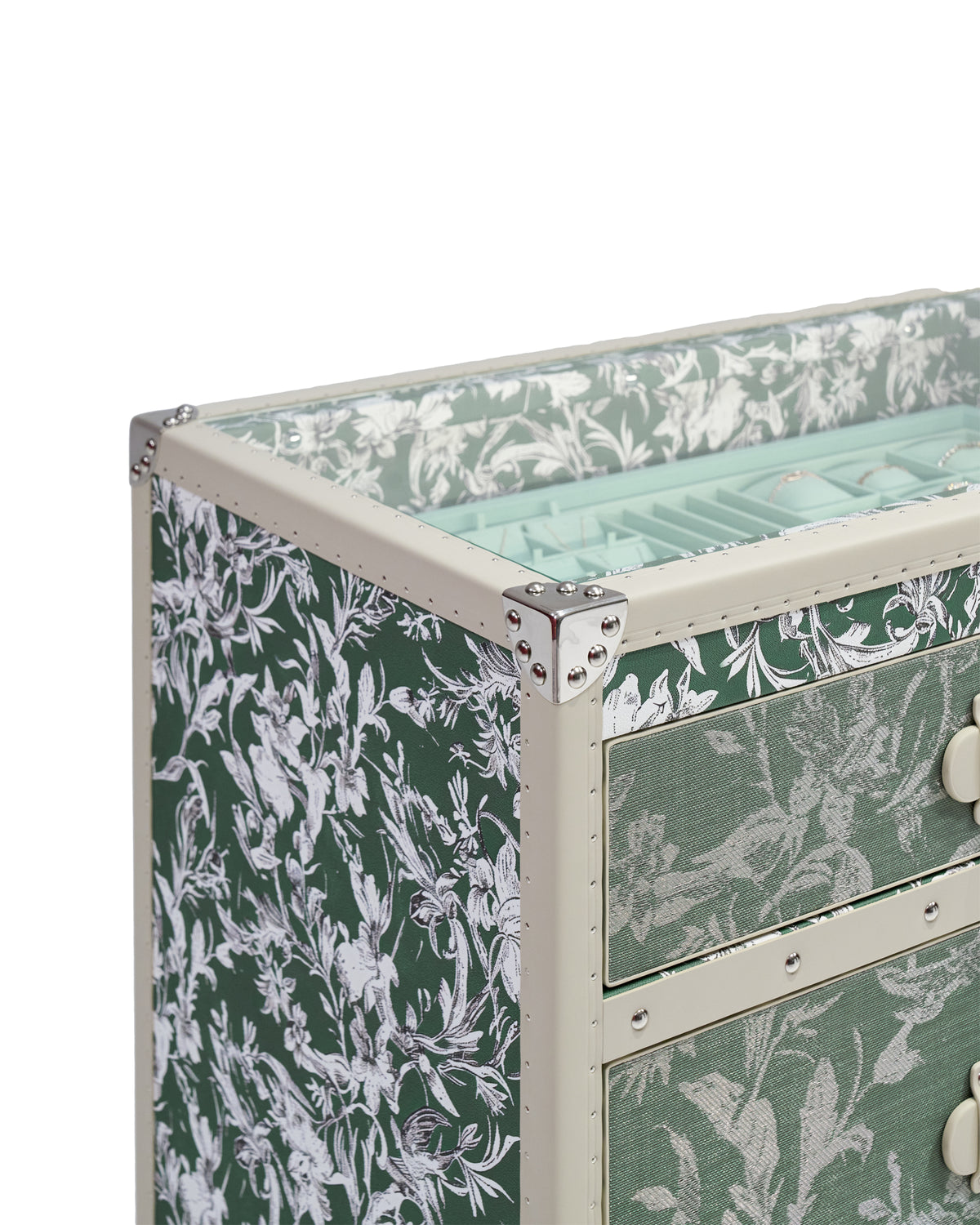 Hardware and pull detail on the Sage Bloom six-drawer dresser