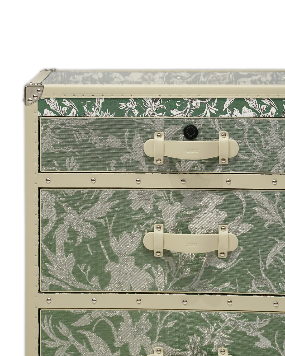 Soft-lined interior trays inside the Meadow jewelry dresser