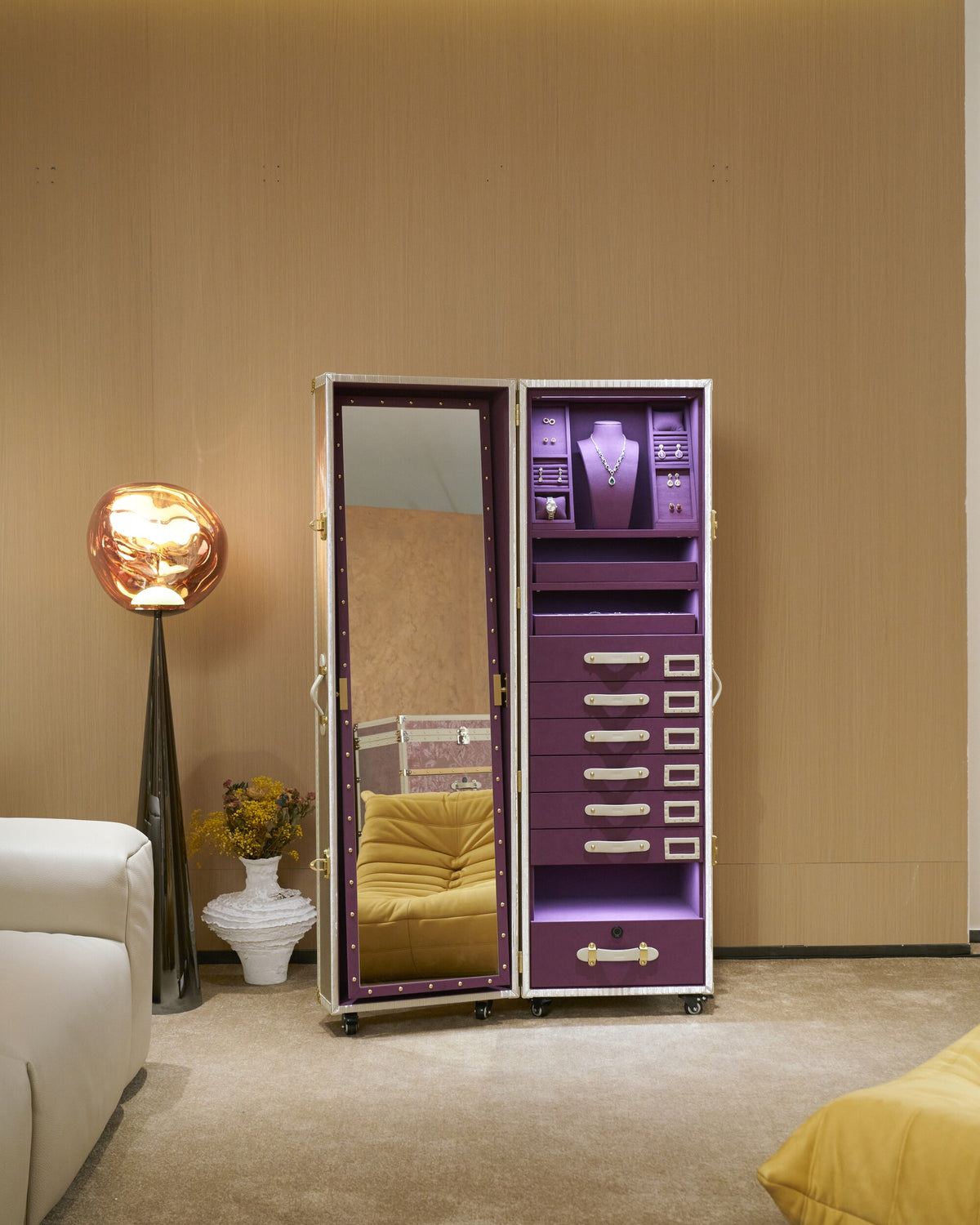 Leather pull and brass-tone corner detail, SIRAE Dubai