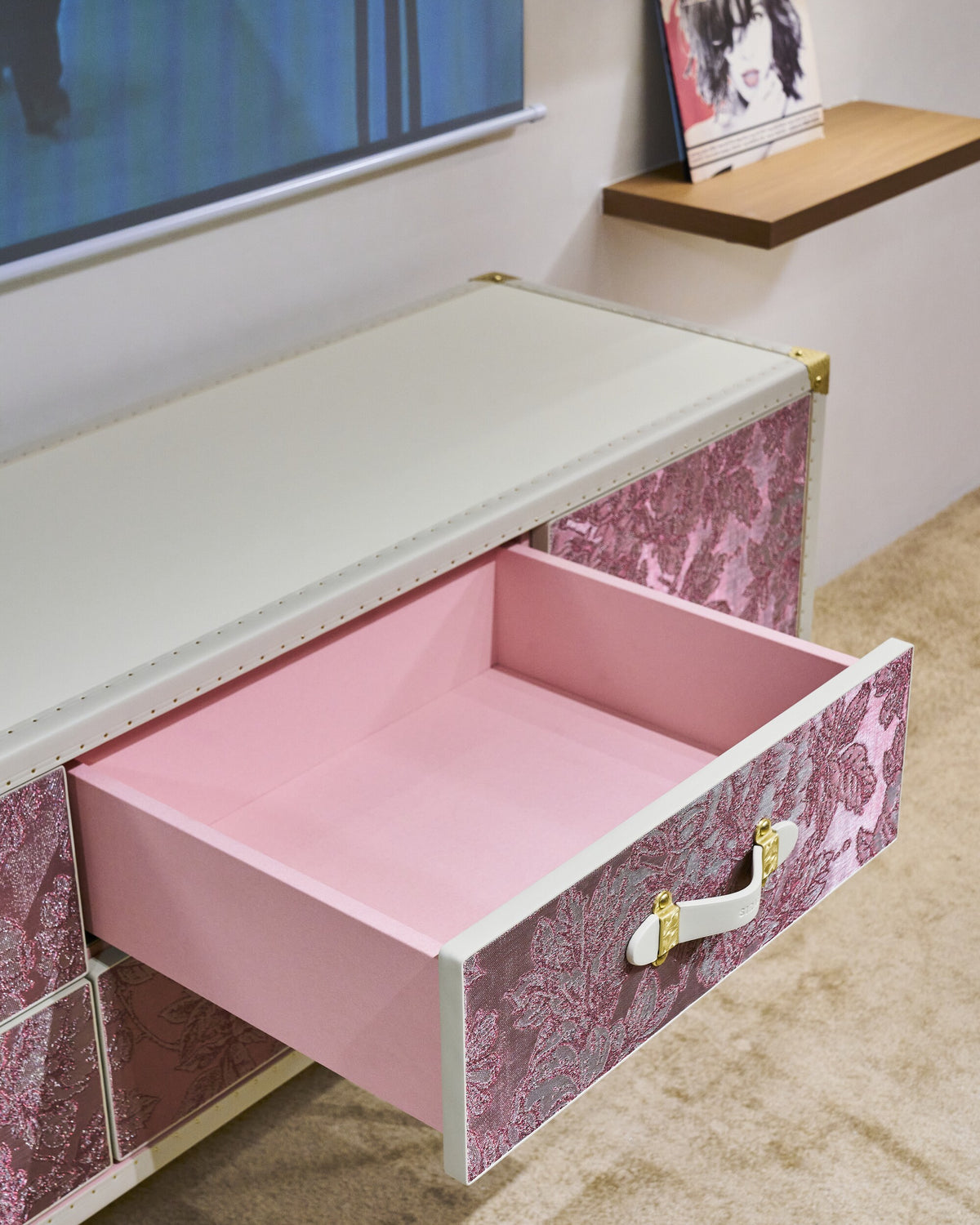 Side profile of the blush bloom console cabinet and sideboard, SIRAE Dubai