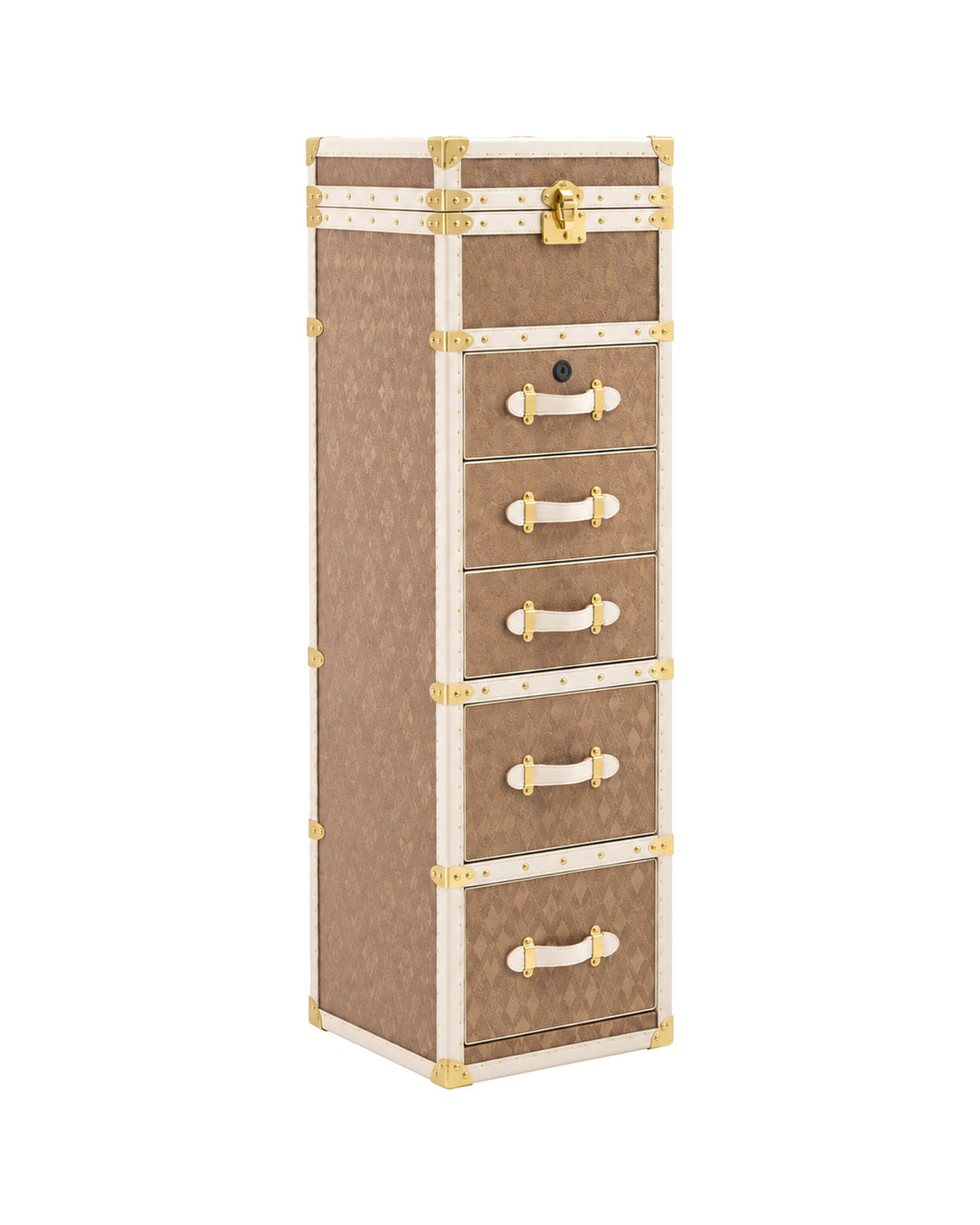 Front view of the cognac woven copper wire narrow chest of drawers, SIRAE Dubai