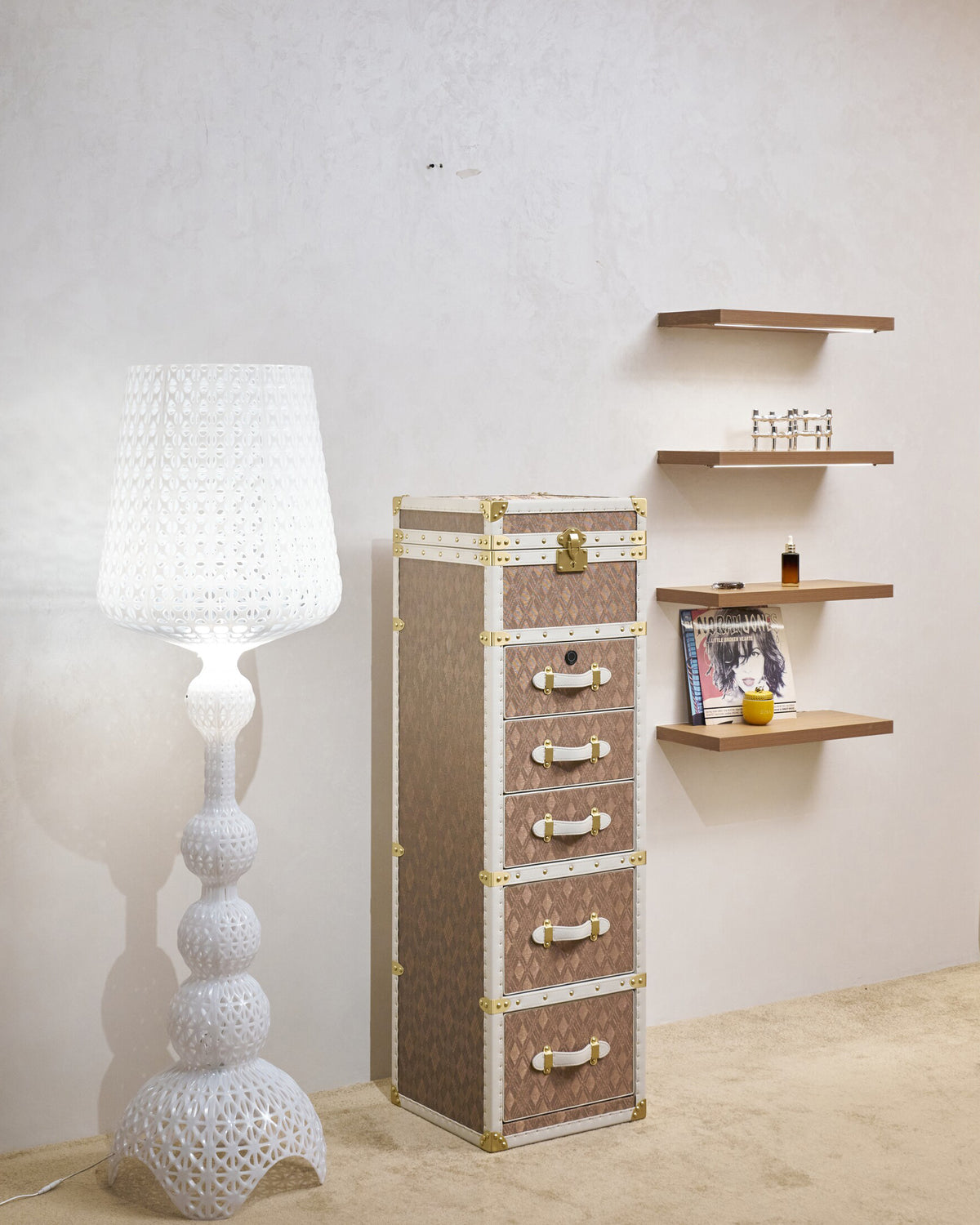 Fitted interior of the cognac woven copper wire narrow chest of drawers, SIRAE Dubai