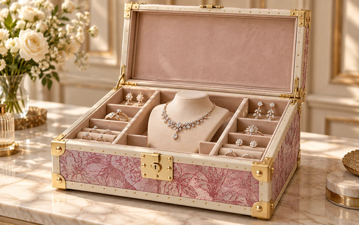 Open rose floral jewellery trunk with champagne-lined necklace, ring and earring trays