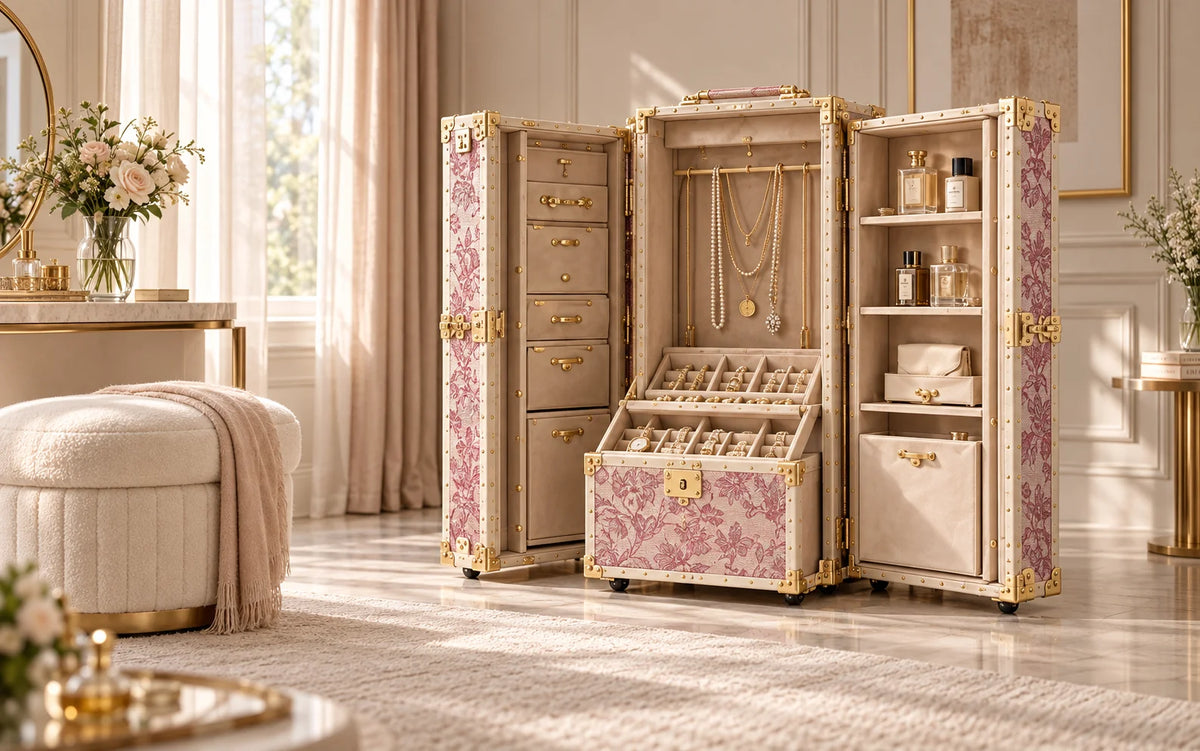 Rose floral jewellery cabinet placed within a private dressing space
