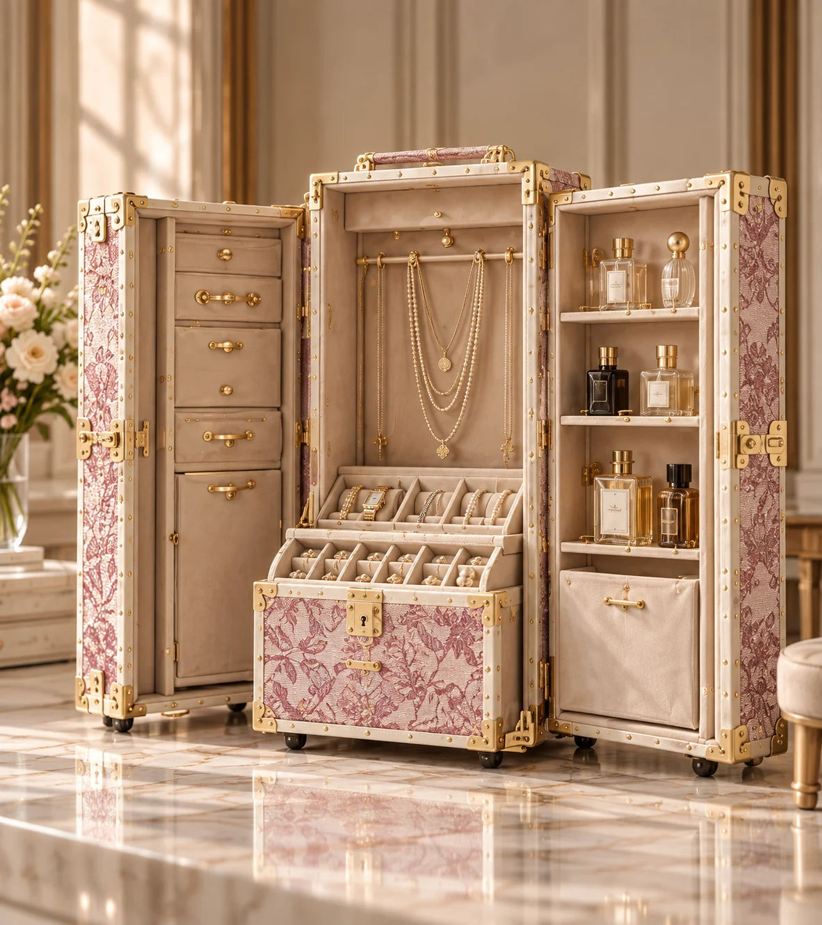 Rose floral copper-wire cabinet with ivory borders, gold-tone fittings and jewellery compartments