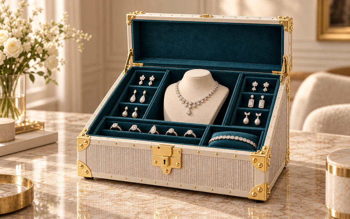 Jewellery presentation case with necklace display, ring rows and earring trays
