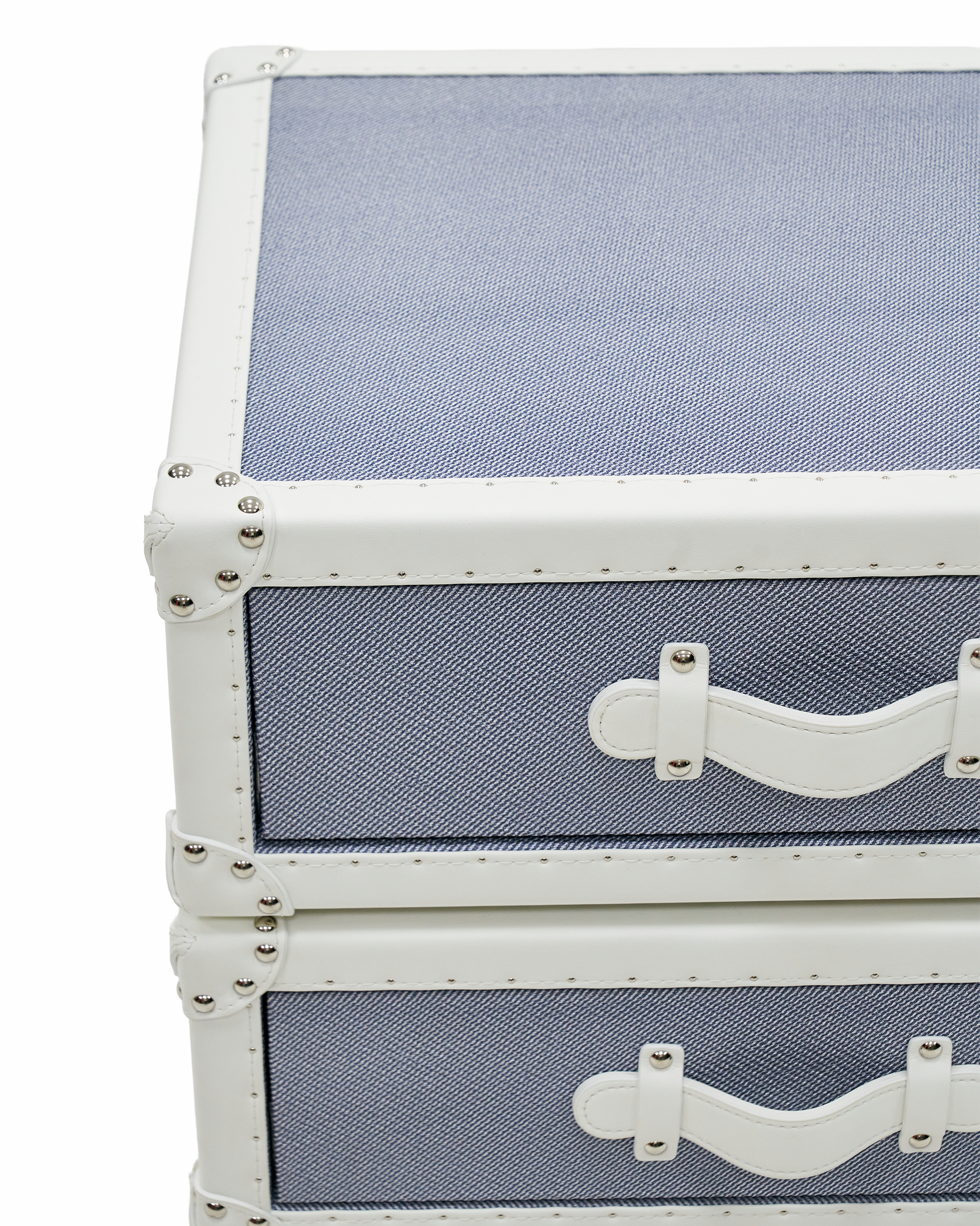 Two-tone blue and white leather detail on the SIRAE Cuir Luxe rotating cabinet