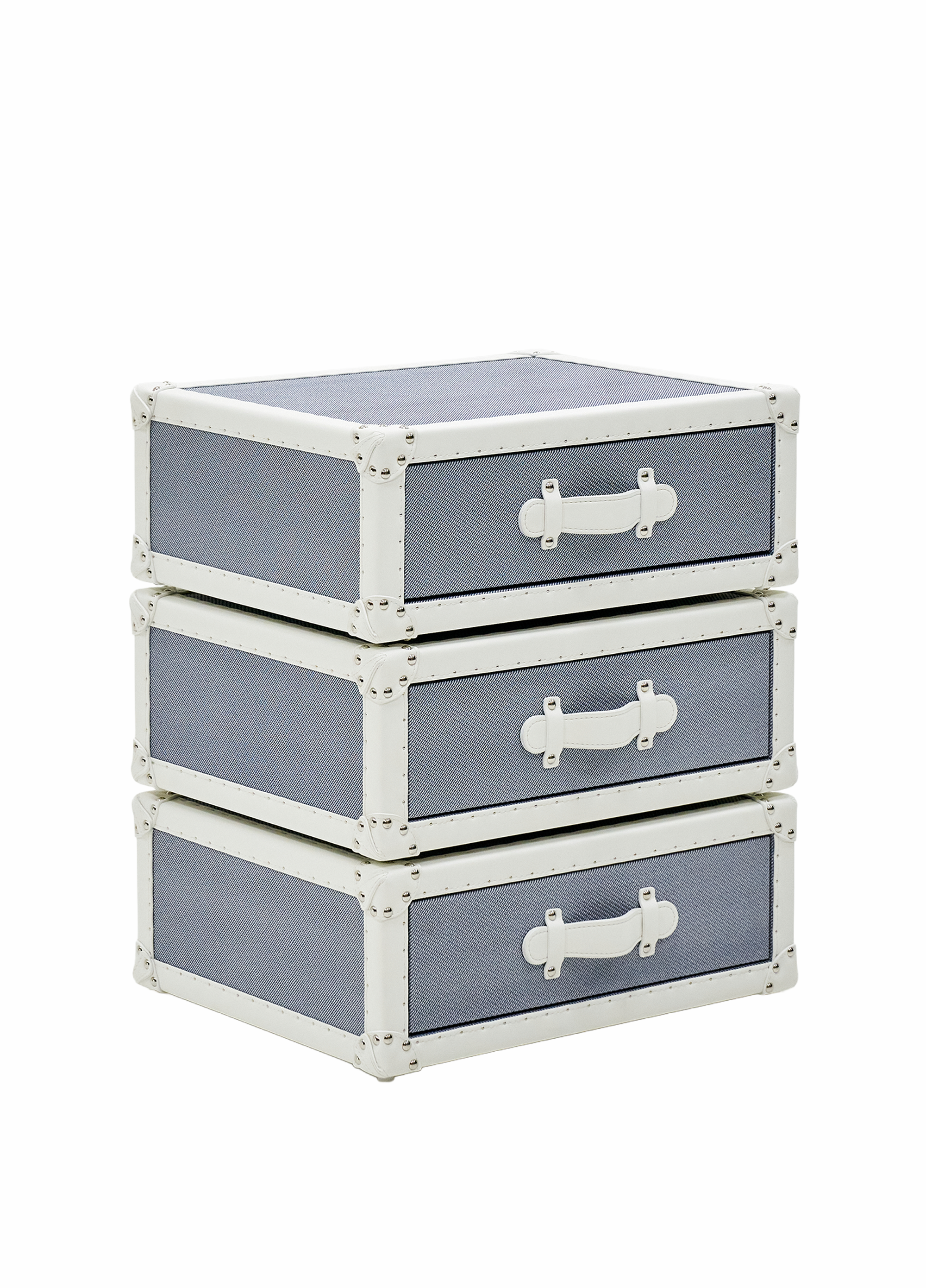 360° rotating tiers of the SIRAE Cuir Luxe blue and white leather storage cabinet