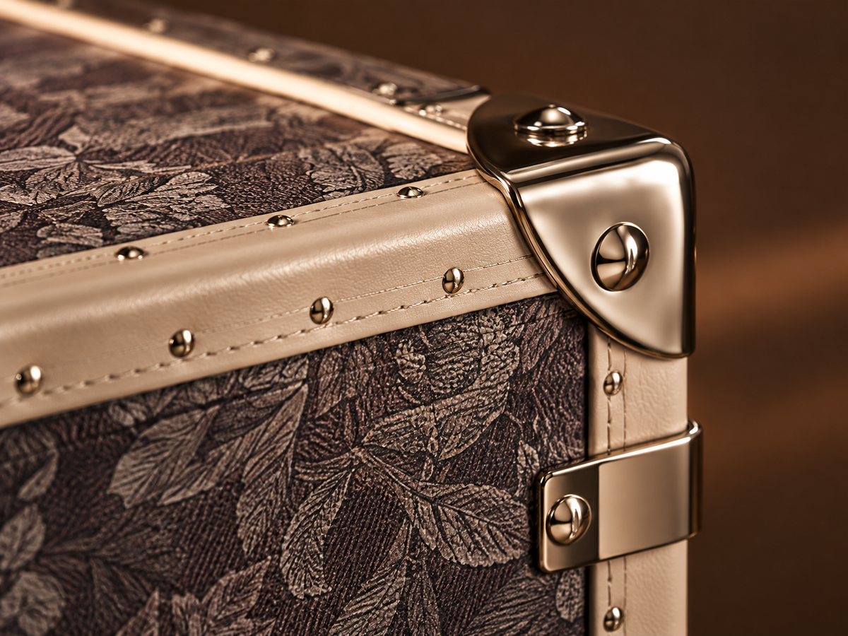 Close view of an heirloom trunk structure and corner fittings