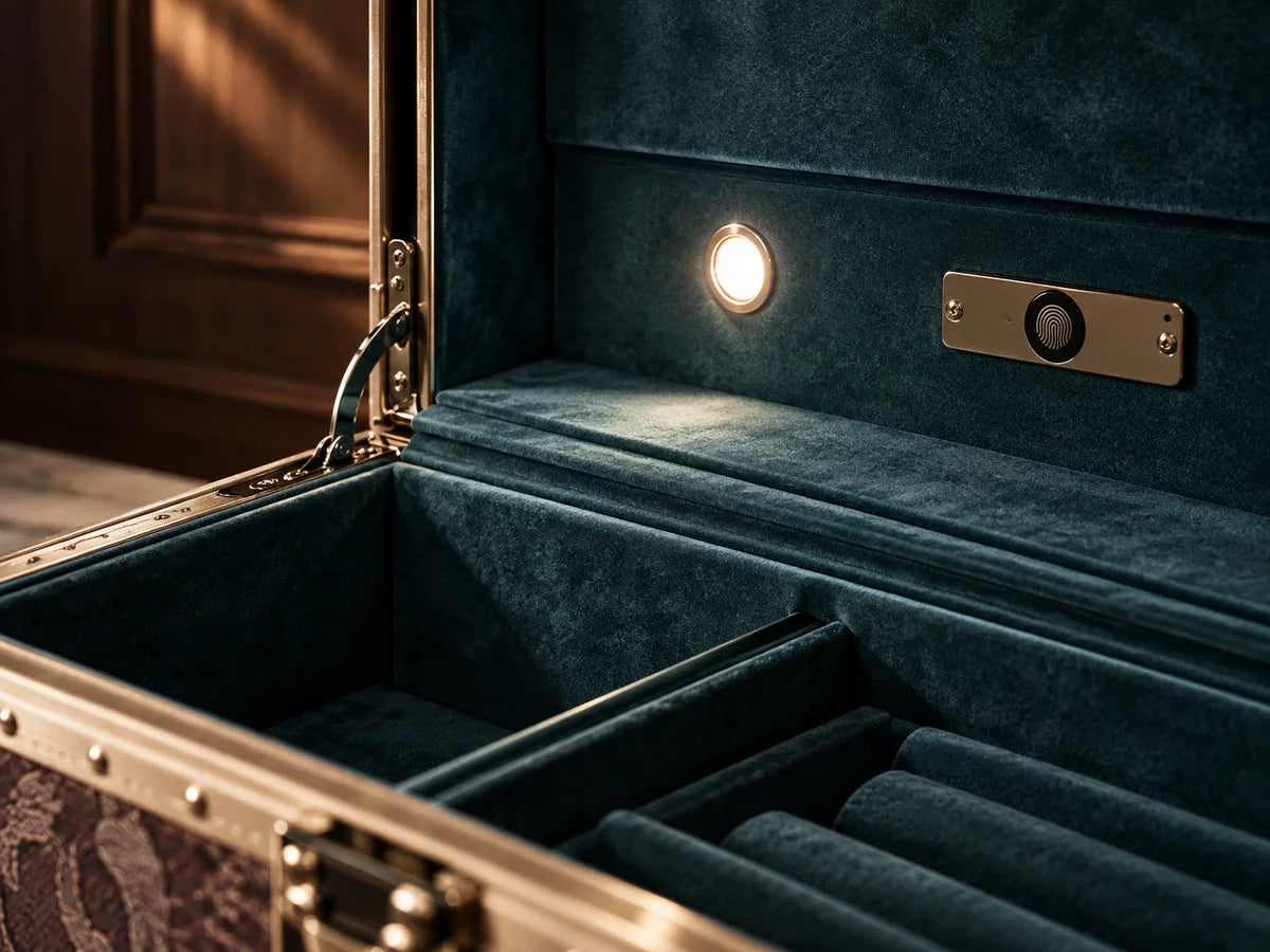Fitted velvet compartments and considered interior details of a personal case